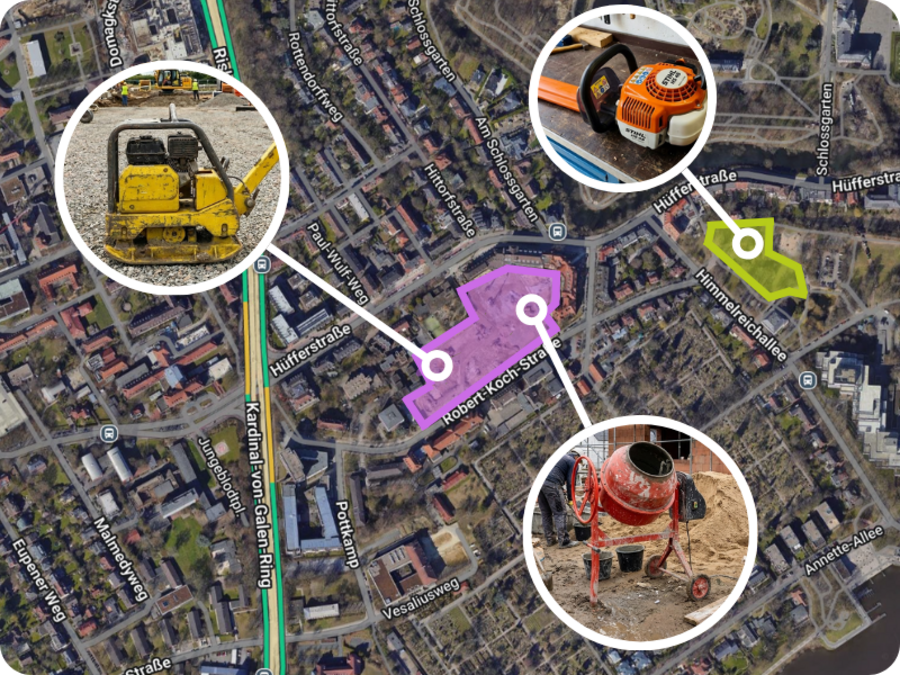 Digitale Kartenansicht zur Ortung und Verwaltung von Werkzeug und Geräten.