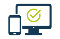 Icon mit Smartphone, Bildschirm und Häkchen – Symbol für das zentrale geoCapture-Portal zur herstellerunabhängigen Verwaltung und Ortung von Werkzeugen verschiedenster Marken auf einer Plattform.