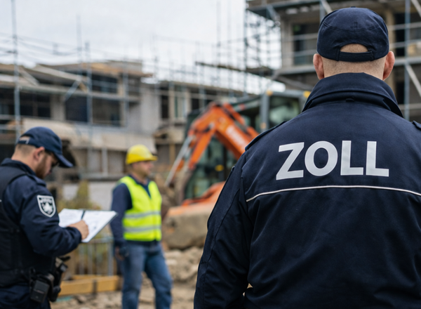 Zwei Zollbeamte stehen auf einer Baustelle; einer ist von hinten mit der Aufschrift ‚ZOLL‘ auf der Jacke zu sehen, ein anderer notiert etwas auf einem Klemmbrett. Im Hintergrund arbeiten Bauarbeiter und ein Bagger.