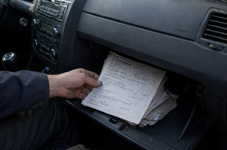 Ein vergessener Bautagesbericht im Handschuhfach des Transporters