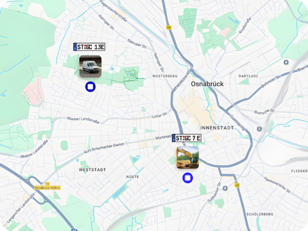 Digitale Karte mit Fahrzeugstandorten – GPS-Ortung zeigt Fahrzeuge und Baustellen in Echtzeit.