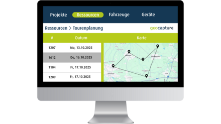 Mockup, auf dem Bildschirm wird die Tourenplanung vereinfacht dargestellt