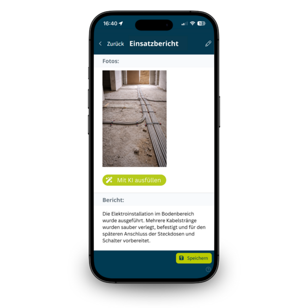 Digitaler Einsatzbericht in der geoCapture App mit Baustellenfoto und automatisch erstellter Baudokumentation