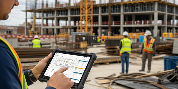 Bauleiter nutzt Tablet auf einer Baustelle zur digitalen Planung, Dokumentation und Koordination von Bauprojekten.