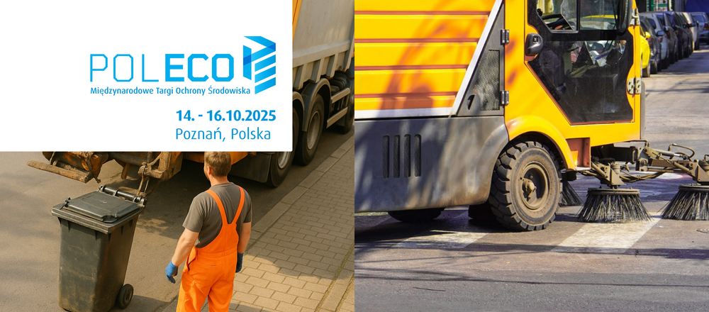 Werbegrafik für die Messe POL-ECO 2025 in Poznań mit Bildern von Müllentsorgung und Straßenreinigung.
