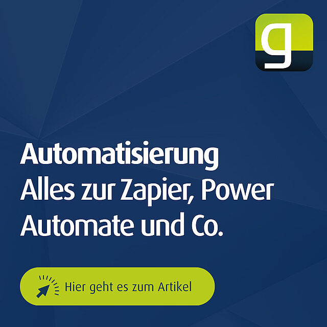 Grafik mit geoCapture-Logo und dem Hinweis „Automatisierung – Alles zur Zapier, Power Automate und Co.“ inklusive Call-to-Action-Button – Teaserbild für weiterführende Informationen zur automatisierten Prozessvernetzung mit geoCapture.