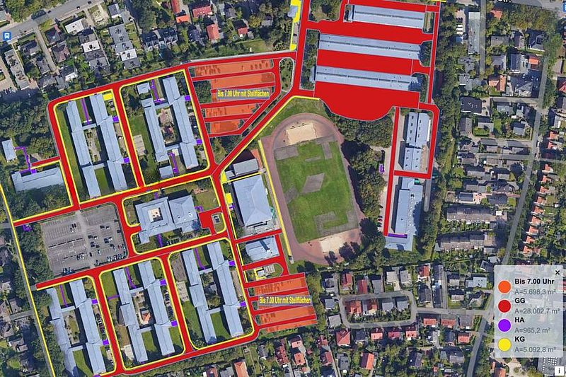 Luftaufnahme eines Stadt- oder Campusgebiets mit farblich markierten Gebäuden, Straßen und Flächen – inklusive Legende mit Flächenangaben und Zeitkategorien
