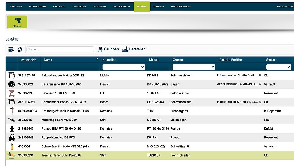 Captura de pantalla de la aplicación de gestión de herramientas