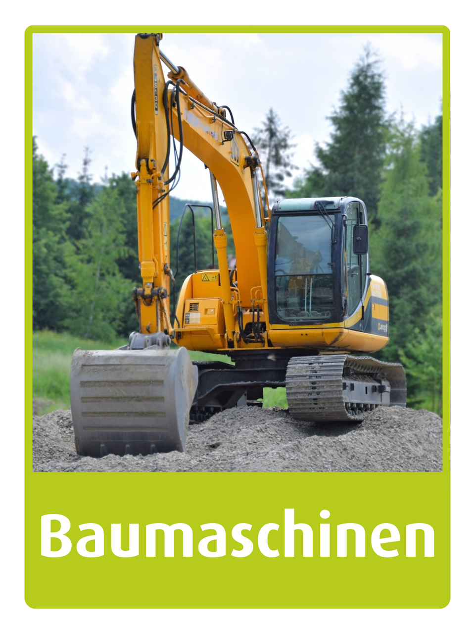 Gelber Kettenbagger auf einer Kiesfläche, umgeben von grünen Bäumen.