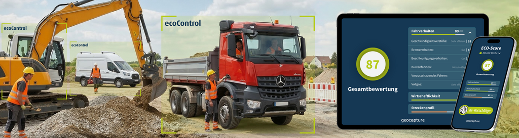 Slider von einer Baustelle mit einem Bagger und einem LKW. Dazu sieht man die Anwendung von ecoControl in geoCapture auf einem Tablet und Handy