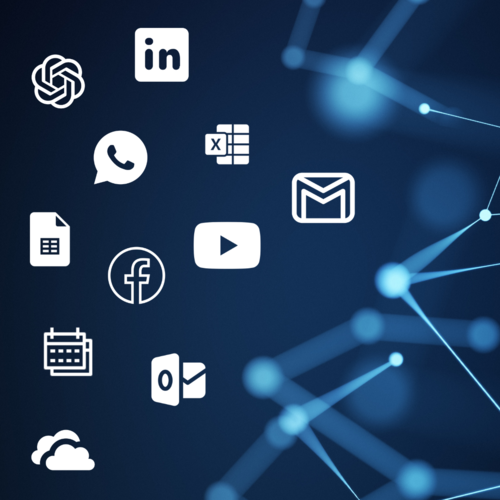 Symboldarstellung gängiger Apps wie LinkedIn, WhatsApp, Excel, Gmail, YouTube und Outlook vor vernetztem Hintergrund – Illustration der vielfältigen Integrationsmöglichkeiten über Zapier mit geoCapture zur Automatisierung betrieblicher Prozesse.