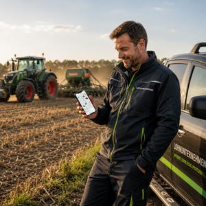 Lohnunternehmer lehnt an Fahrzeug und hält Handy mit geoCapture in die Kamera
