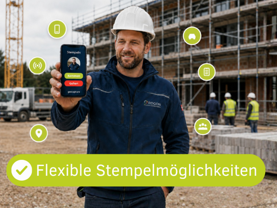 Mann in Arbeitsklamotten und Handy in der Hand