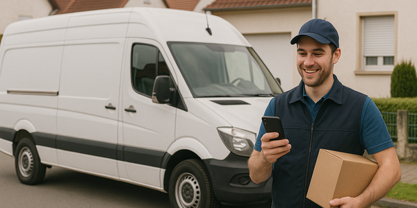 Paketbote mit Smartphone und Paket vor Lieferwagen – moderne Zustellung und digitale Liefernachverfolgung