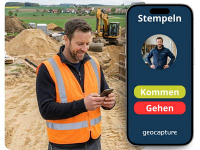 Bauarbeiter nutzt mobile Zeiterfassung per App auf der Baustelle mit digitalem Stempeln