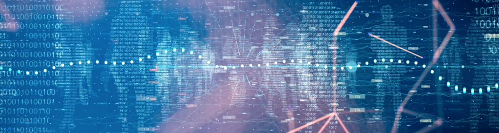 Visualisierung einer digitalen Weltkarte mit Binärcodes, Datenpunkten und Linien, die globale Vernetzung und Datenfluss symbolisieren.