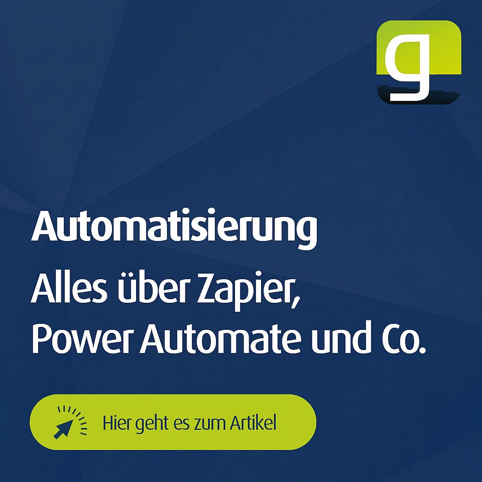 Grafik mit geoCapture-Logo und dem Hinweis „Automatisierung – Alles zur Zapier, Power Automate und Co.“ inklusive Call-to-Action-Button – Teaserbild für weiterführende Informationen zur automatisierten Prozessvernetzung mit geoCapture.