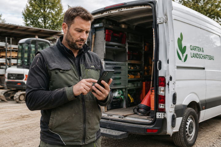Mann bedient ein Smartphone vor einem geöffneten, mit Werkzeugen beladenen Transporter eines Garten- und Landschaftsbaubetriebs.