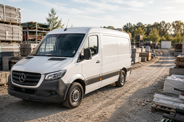 Weißer Mercedes-Transporter auf einem Lager- oder Betriebsgelände mit gestapelten Baumaterialien im Hintergrund.