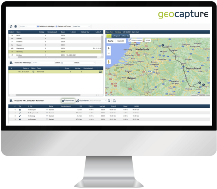 Mockup, wo auf einem Bildschirm die Tourenplanung von geoCapture gezeigt wird