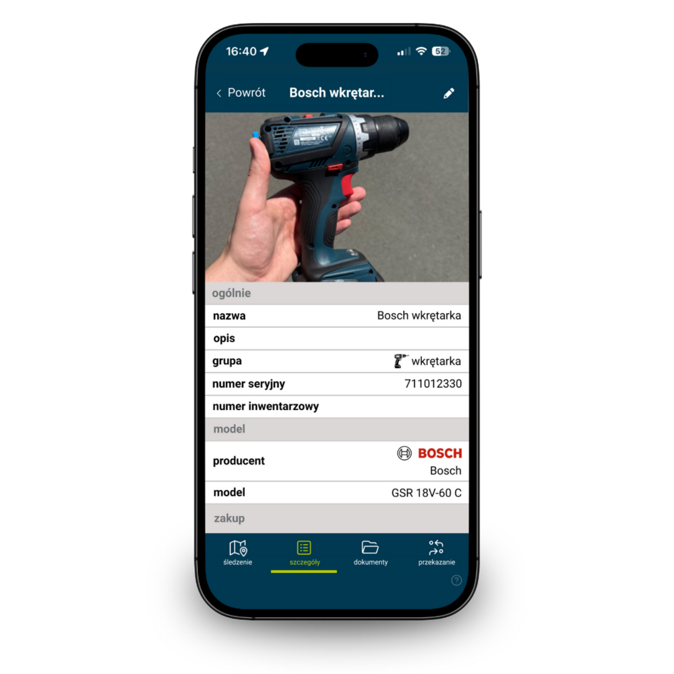 Werkzeugverwaltung in der geoCapture App – Bosch Akkuschrauber mit digitalen Inventardaten