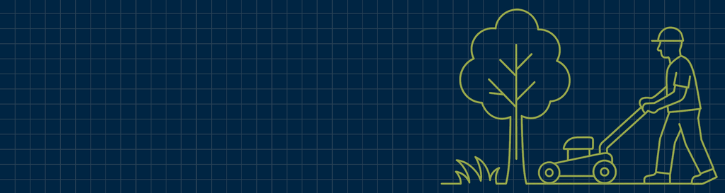 Grafische Illustration einer Person mit Rasenmäher neben einem Baum