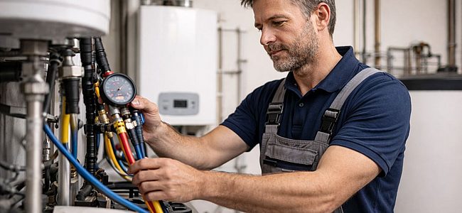 Mann mittleren Alters misst mit Manometer 