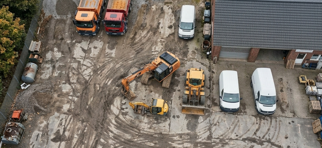Luftaufnahme eines deutschen Betriebshofs mit Maschinen und Fahrzeugen