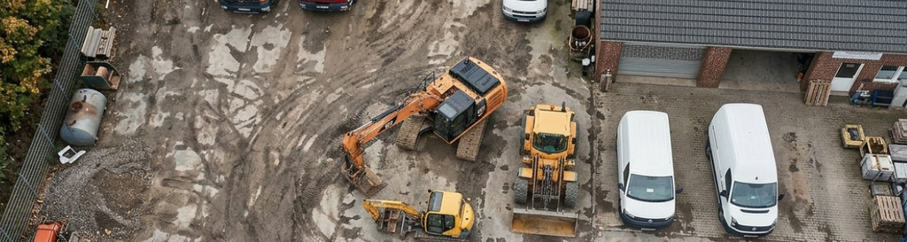 Luftaufnahme eines deutschen Betriebshofs mit Maschinen und Fahrzeugen