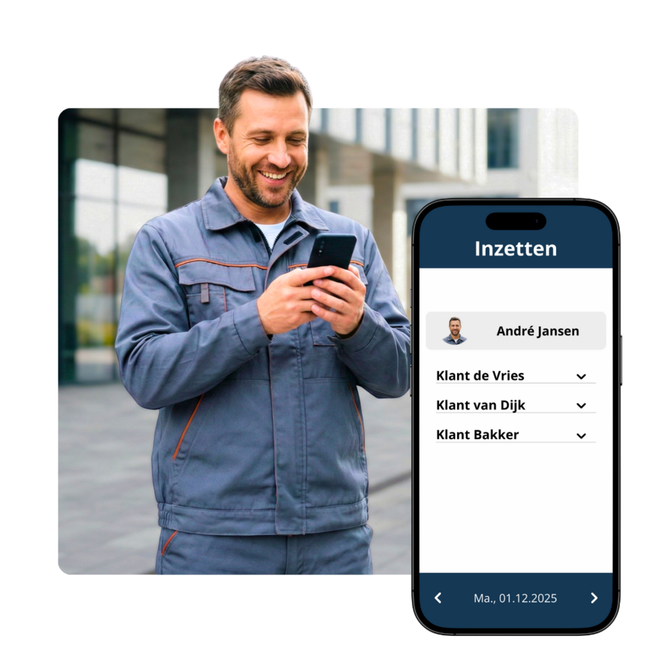 Servicetechniker nutzt Smartphone-App zur Einsatzplanung: Mobile Ansicht mit Auswahl eines Mitarbeiters und Kundenliste für Terminzuweisung im Außendienst.