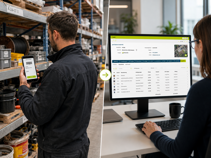 Mitarbeiter erfasst Lagerbestände per Tablet, während eine Kollegin die Daten am Computer verwaltet