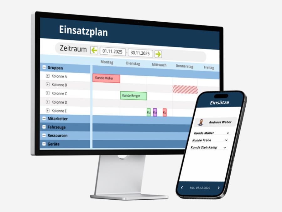 Monitor und Smartphone zeigen einen digitalen Einsatzplan mit Kalenderansicht, Gruppen, Mitarbeitenden, Fahrzeugen, Ressourcen und farbigen Einsatzblöcken.