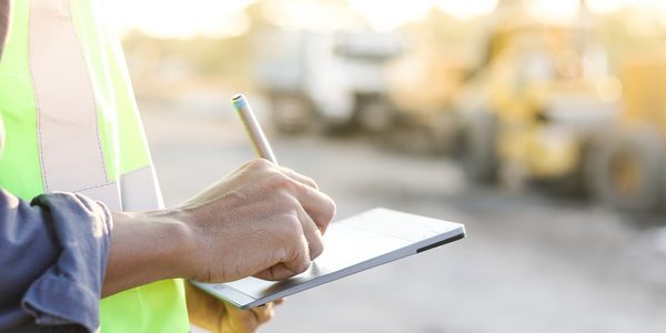 Auf einer Baustelle unterschreibt ein Mann auf einem Tablet ein digitales Bautagebuch