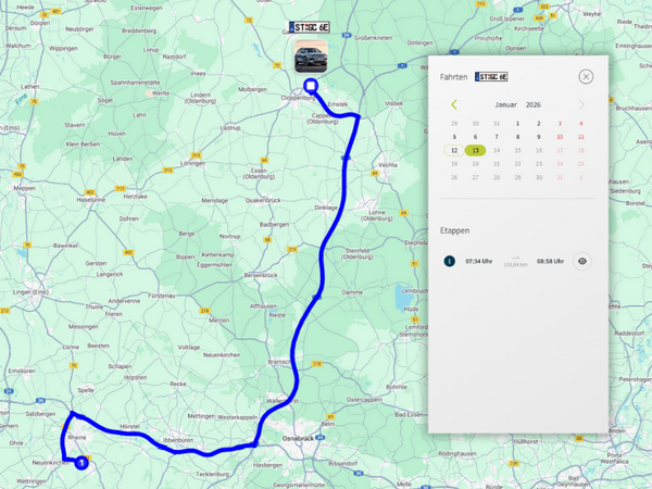 GPS-Routenverlauf eines Fahrzeugs – alle Fahrten und Strecken übersichtlich dokumentiert.