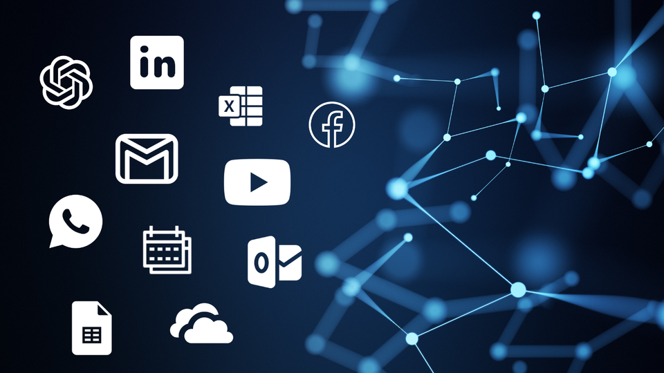 Darstellung verschiedener digitaler Plattformen wie LinkedIn, Gmail, Excel, Facebook, WhatsApp und YouTube vor einem abstrakten Netzwerkhintergrund – Symbolbild für die nahtlose Integration externer Anwendungen über geoCapture-Zapier-Schnittstellen.