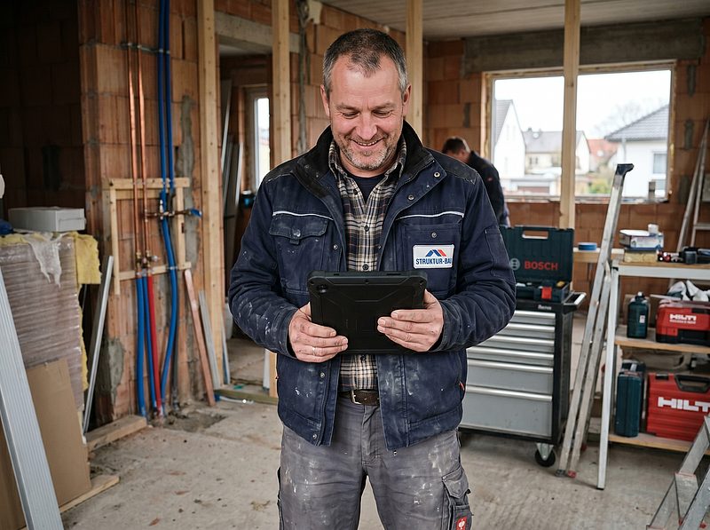 Arbeiter auf der Baustelle füllt Dokument aus