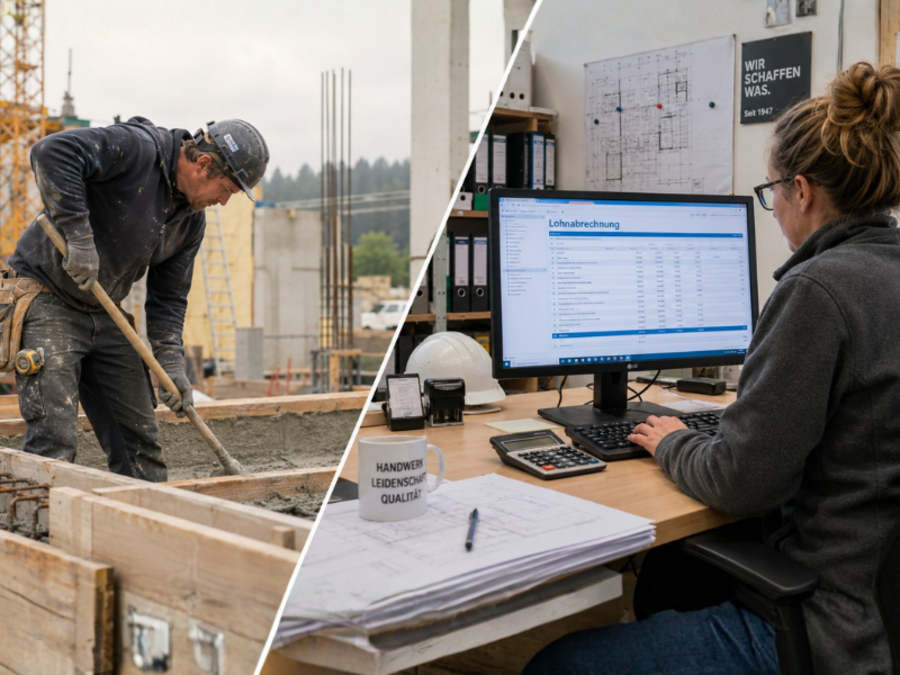 Mann auf der Baustelle und Frau im Büro die Lohanbrechnung macht