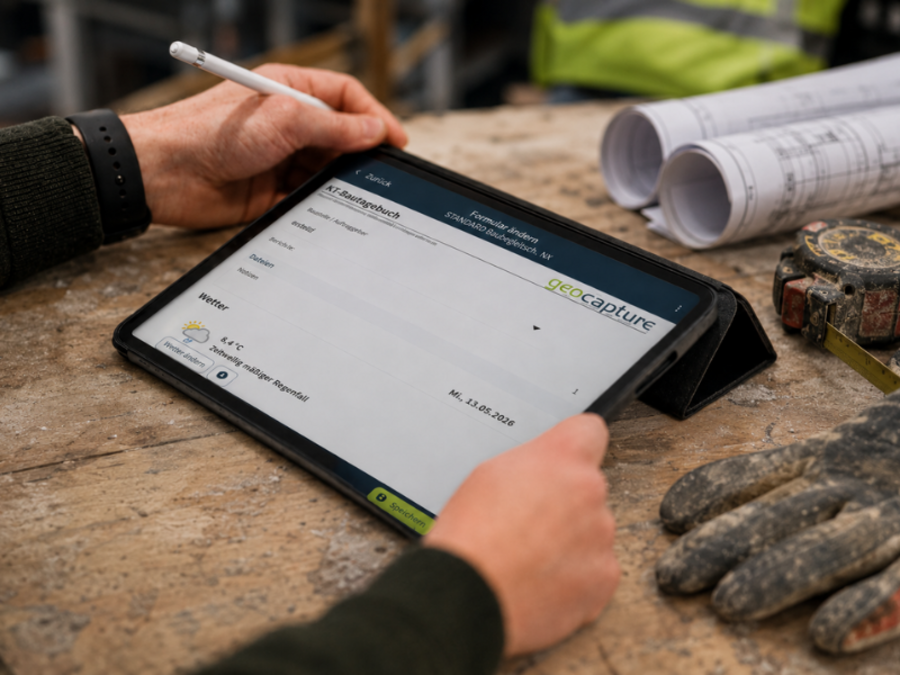 Alt-Text: Eine Person bearbeitet auf einem Tablet mit Stift ein geoCapture-Formular zur Rückgabe; daneben liegen Baupläne, Maßband und Arbeitshandschuhe auf einer Baustelle.