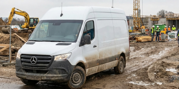 Transporter auf Baustelle zur digitalen Fahrzeug- und Einsatzdokumentation