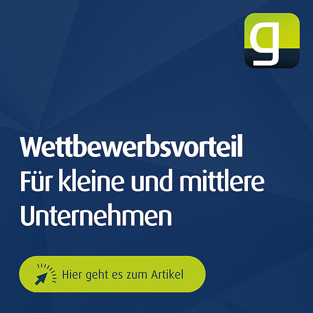 Grafik mit geoCapture-Logo und der Überschrift „Wettbewerbsvorteil für kleine und mittlere Unternehmen“ sowie einem Call-to-Action-Button – Hinweis auf einen Artikel zur Effizienzsteigerung und Digitalisierung im Mittelstand mit geoCapture-Lösungen.