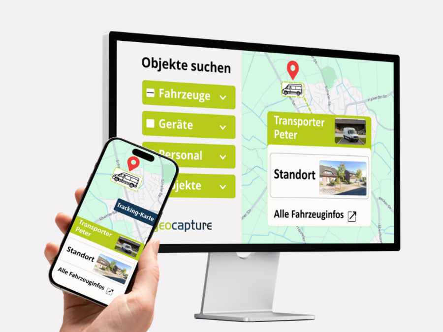 Darstellung der geoCapture-Objektsuche auf Monitor und Smartphone. Eine Karte zeigt den Standort des Fahrzeugs „Transporter Peter“; Filter ermöglichen die Auswahl von Fahrzeugen, Geräten, Personal und Projekten.