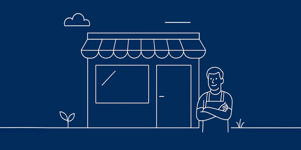Illustration eines lächelnden Handwerkers vor einem Geschäft – symbolische Darstellung kleiner und mittelständischer Betriebe, die mit geoCapture durch digitale Schnittstellen wie Zapier effizient und ohne Programmierkenntnisse Prozesse automatisieren können.