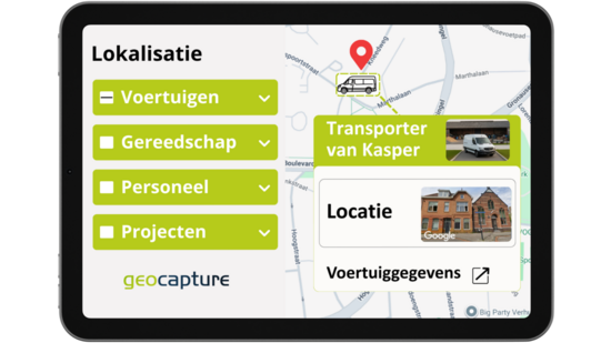 Übersicht zur Fahrzeuglokalisierung in einer digitalen Einsatz- und Ressourcenmanagement-Software: Live-Standort eines Transporters auf der Karte mit Zugriff auf Fahrzeugdaten, Projekte, Personal und Werkzeuge