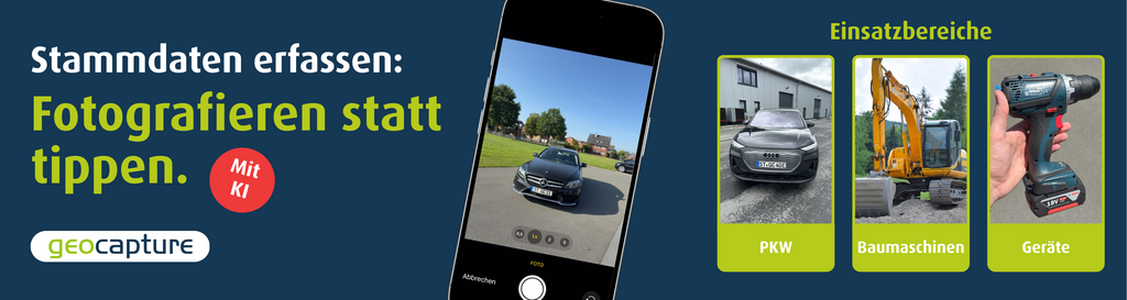 Stammdaten erfassen mit dem KI-Foto-Assistent von geoCapture. Fotografieren statt tippen. Die KI ermittelt Stammdaten automatisch von PKW, Baumaschinen und Geräten bzw. Werkzeug