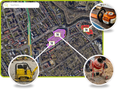 GPS-Tracking von Baustellengeräten auf einer Karte: Ortung von Rüttelplatte, Kettensäge und Betonmischer mit markierten Einsatzbereichen und aktueller Geräteposition