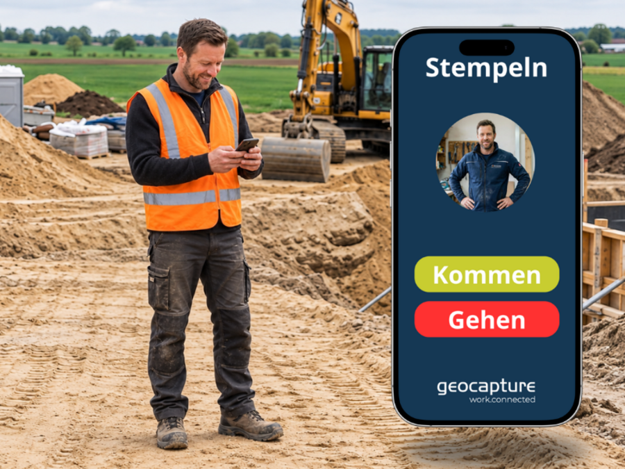 Mann steht auf einer Baustelle und schaut auf sein Handy. Er startet den Zeitstempel in der geoCapture App.