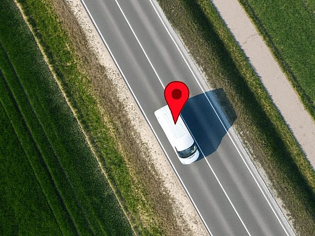 Luftaufnahme eines weißen Transporters, der auf einer Landstraße fährt. Oberhalb des Fahrzeugs schwebt eine GPS-Stecknadel zur Fahrzeugortung..