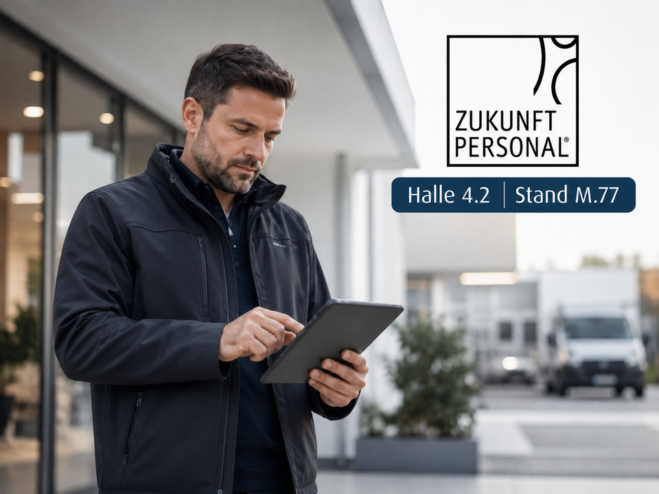 Mitarbeiter beim Kunden hält Tablet in den Händen