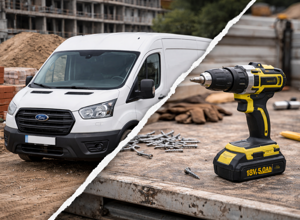 Weißer Transporter versus gelber Akkuschrauber