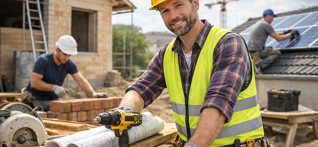 Bauarbeiter mit Werkzeug und Bauplänen auf moderner Baustelle